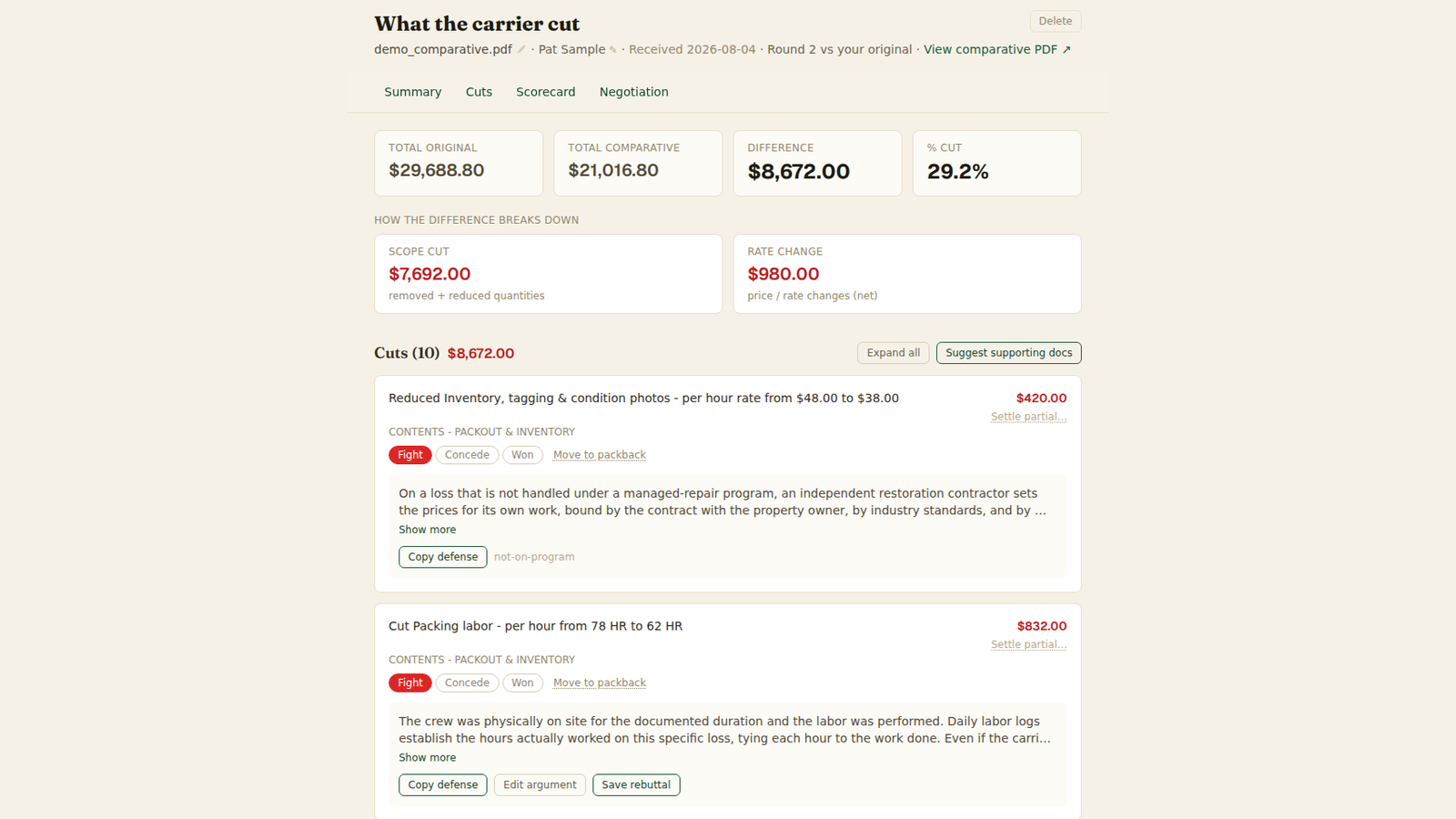 Lift comparison view showing carrier cuts in dollars, with scope and rate breakdowns