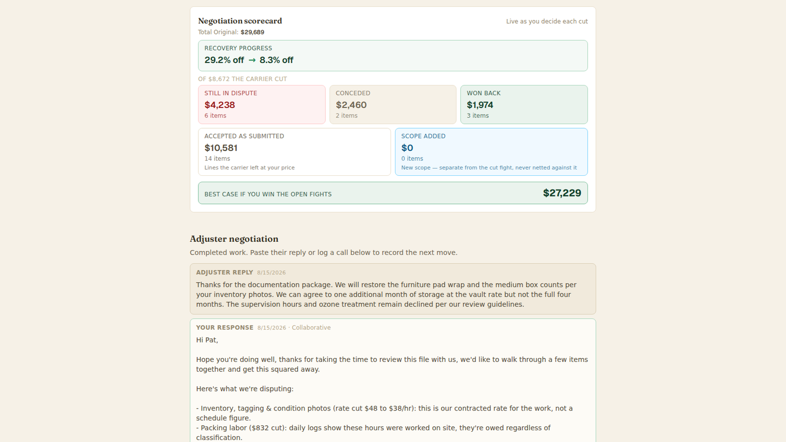 Lift negotiation scorecard and thread showing the adjuster reply and a drafted response