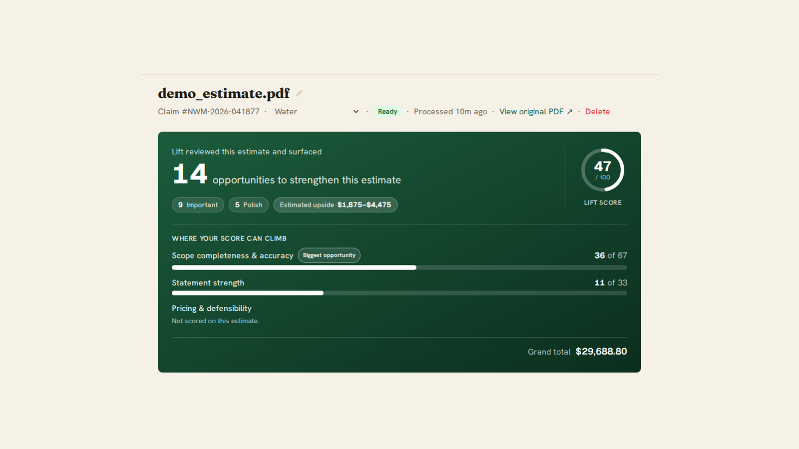 Lift score view showing an estimate scored 47 of 100 with 14 flagged opportunities and estimated upside